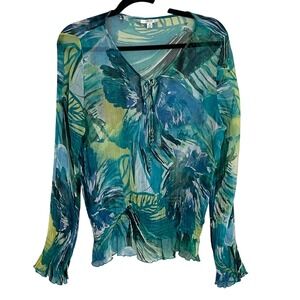 Cache Tropical Leaf Print Sheer V Neck‎ Tie Front Blouse Women's Size M Y2K VTG